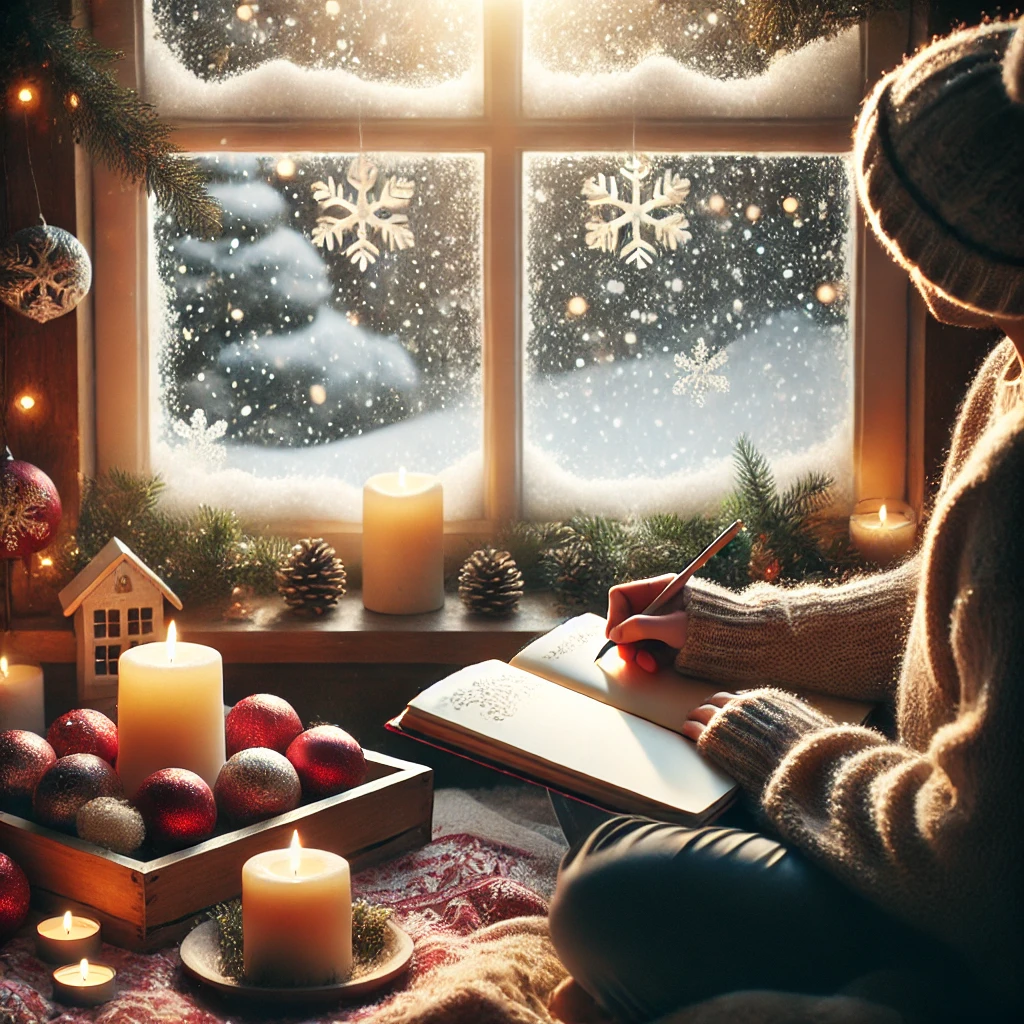 DALL·E 2024-10-21 13.06.14 - A serene holiday scene featuring a person sitting comfortably by a window, reflecting and writing in a gratitude journal. Soft snow falls outside, wit