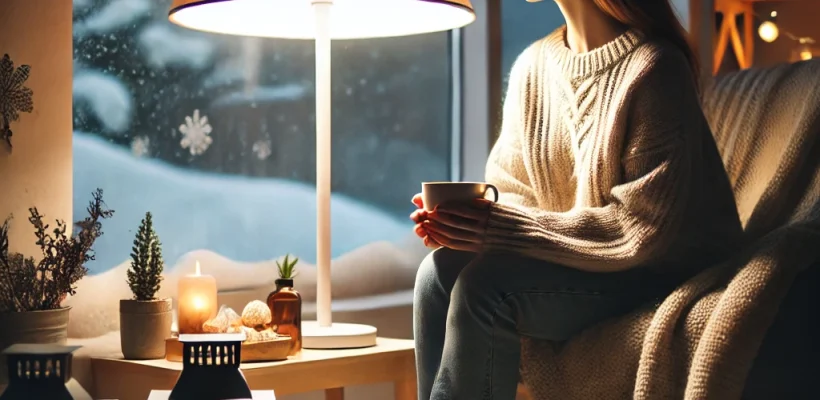 DALL·E 2024-10-21 13.17.38 - A person sitting in front of a light therapy lamp, looking calm and relaxed. The setting is indoors, with soft winter light coming through a nearby wi